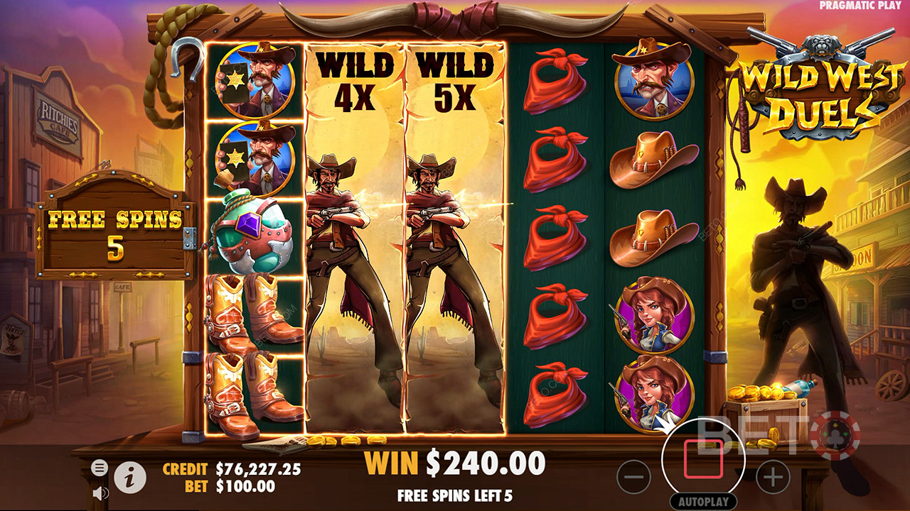 تظهر Wilds المتوسعة باستخدام المضاعفات في Duel Free Spins في ماكينة القمار Wild West