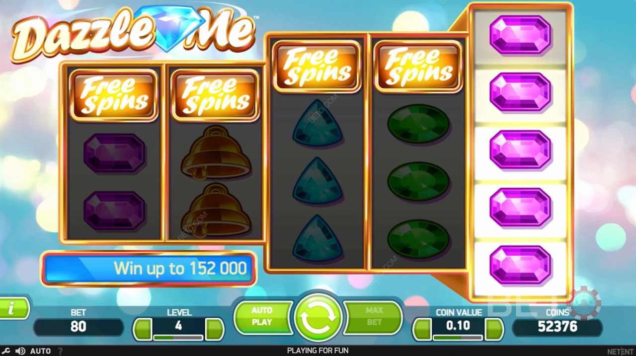 يتم تشغيل الدورات المجانية عن طريق هبوط أكثر من 3 رموز دورات مجانية في Dazzle Me Slot