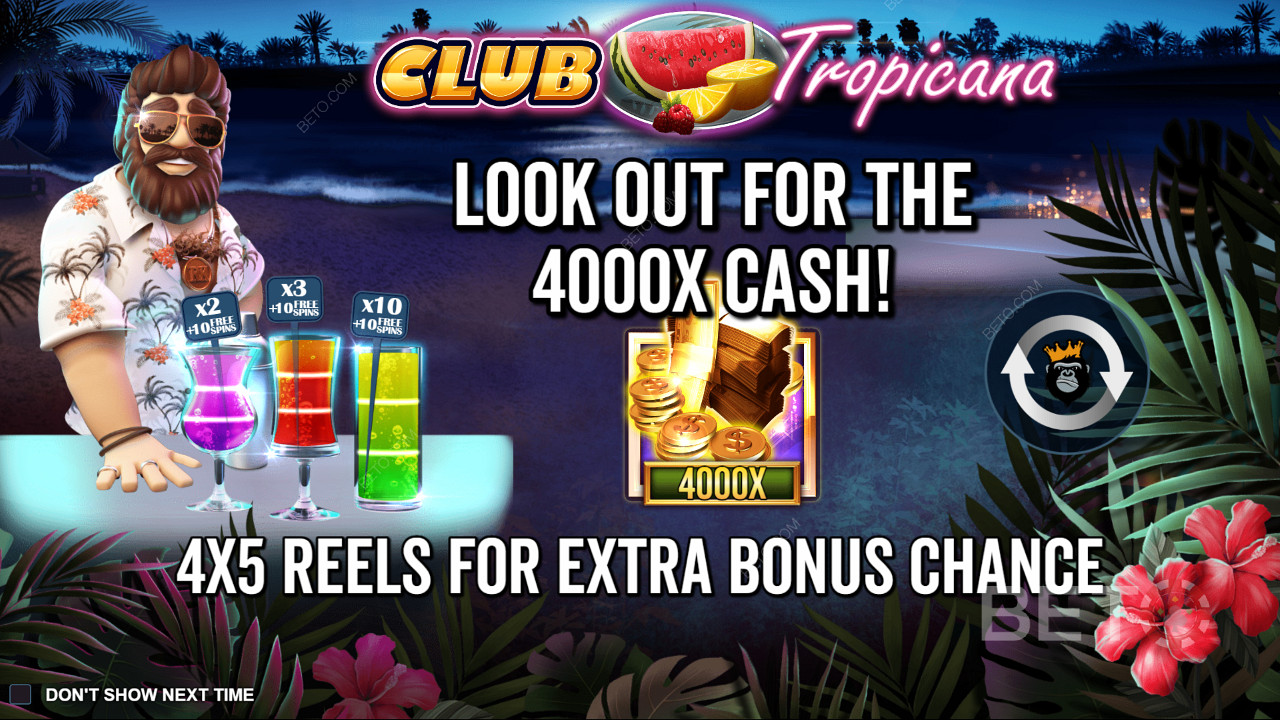 استمتع ببكرات أكبر وميزات مثيرة وأقصى قدر من الفوز في لعبة سلوت Club Tropicana