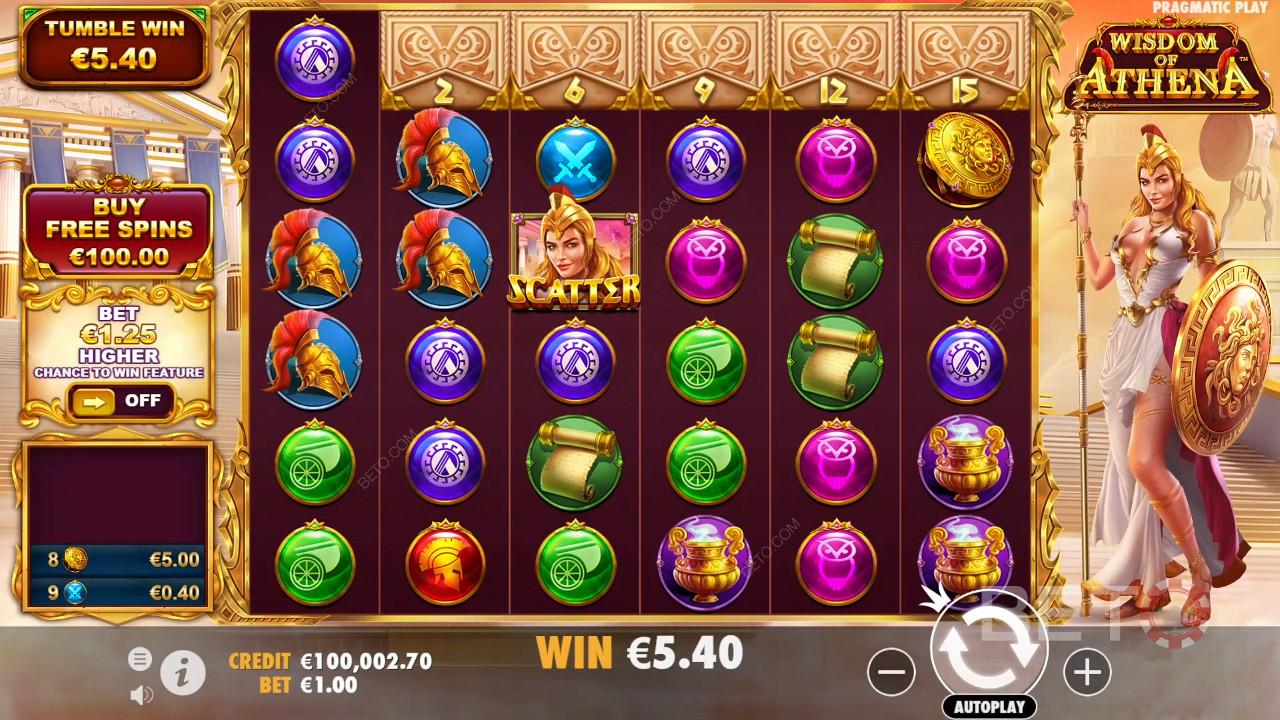 قم بشراء اللفات المجانية أو استخدم ميزة Ante Bet في ماكينة القمار Wisdom of Athena