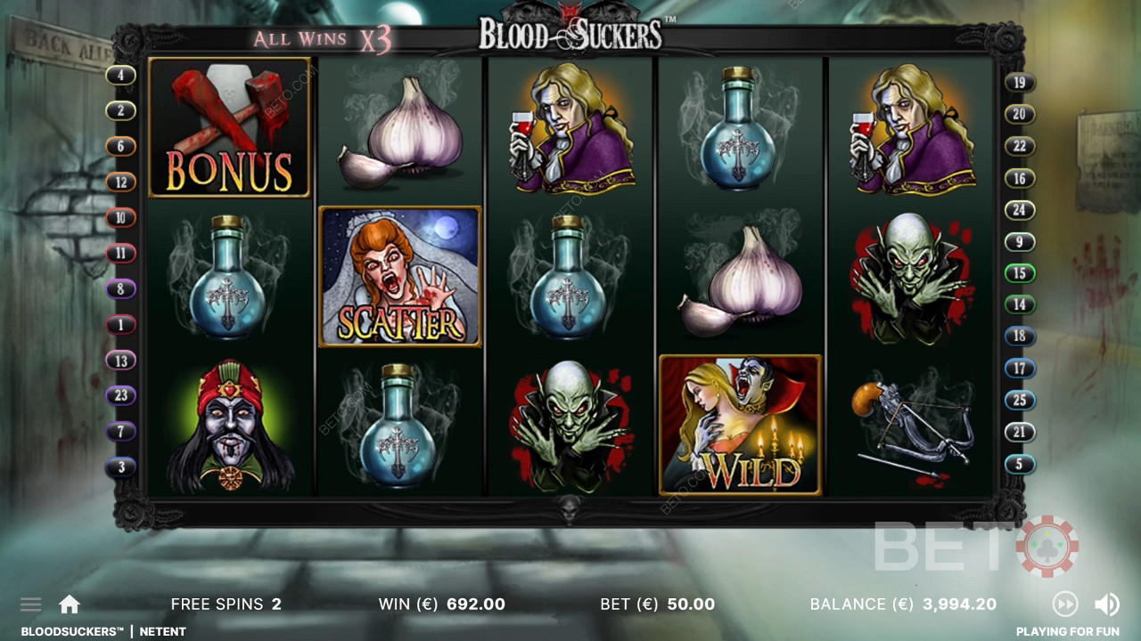 يتم مضاعفة جميع الانتصارات ثلاث مرات في لعبة Free Spins in Blood Suckers