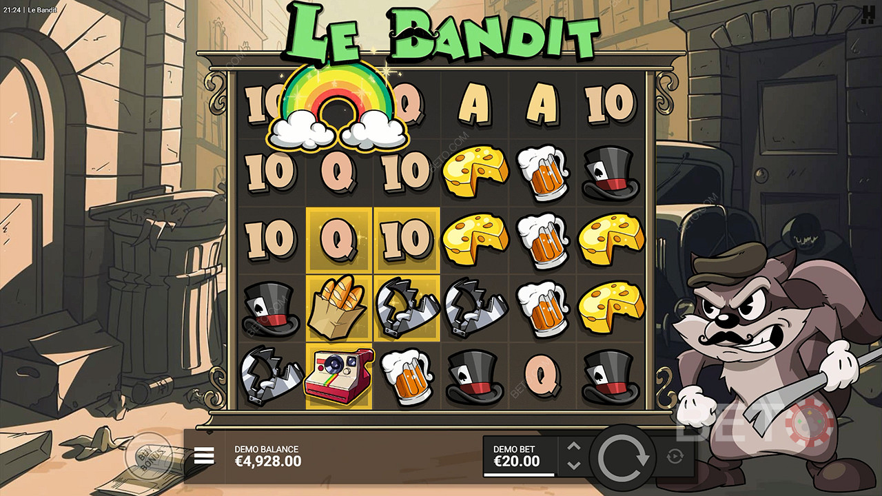 يقوم رمز قوس قزح بتنشيط جميع المربعات الذهبية في ماكينة القمار Le Bandit