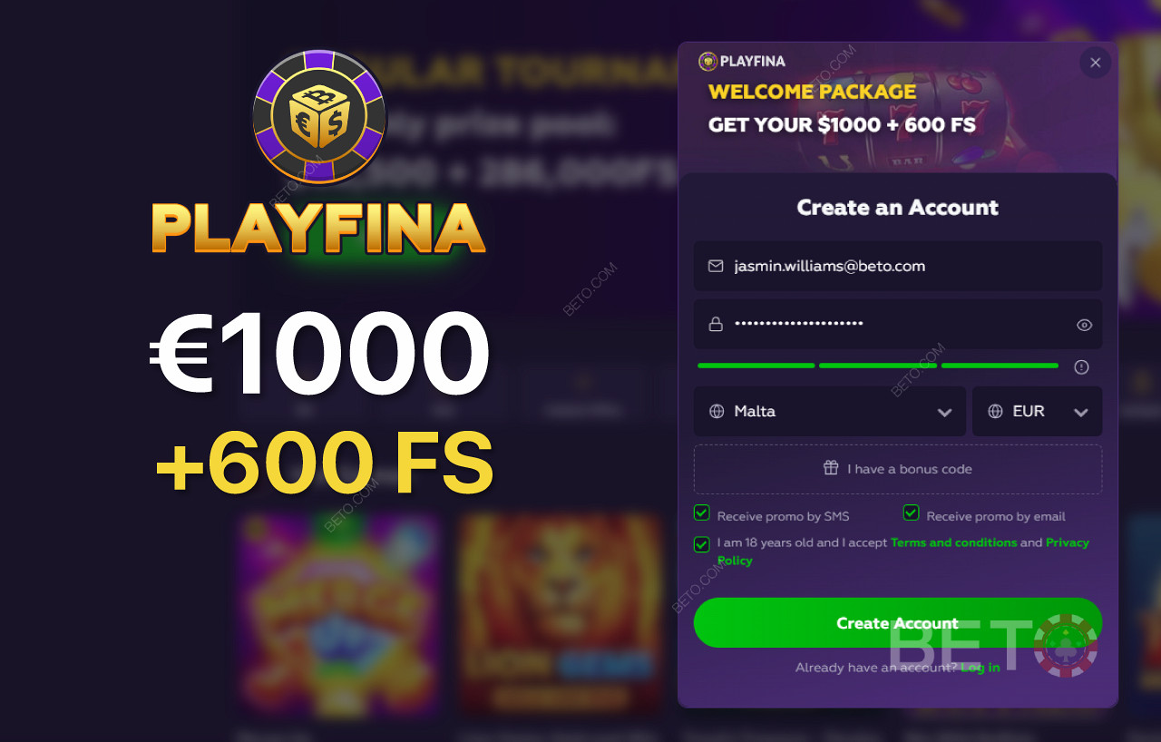 عملية التسجيل في Playfina سهلة