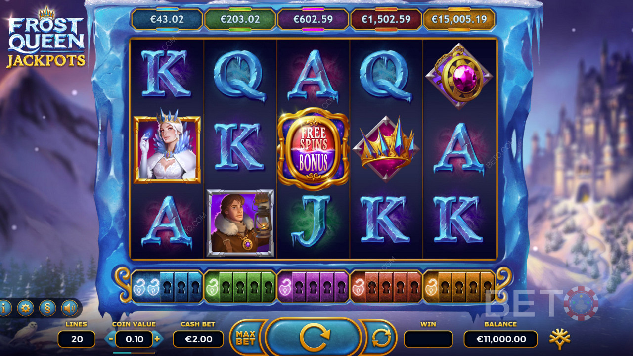 لعبة Frost Queen Jackpots مع الكثير من ميزات المكافآت و 5 جوائز كبرى!