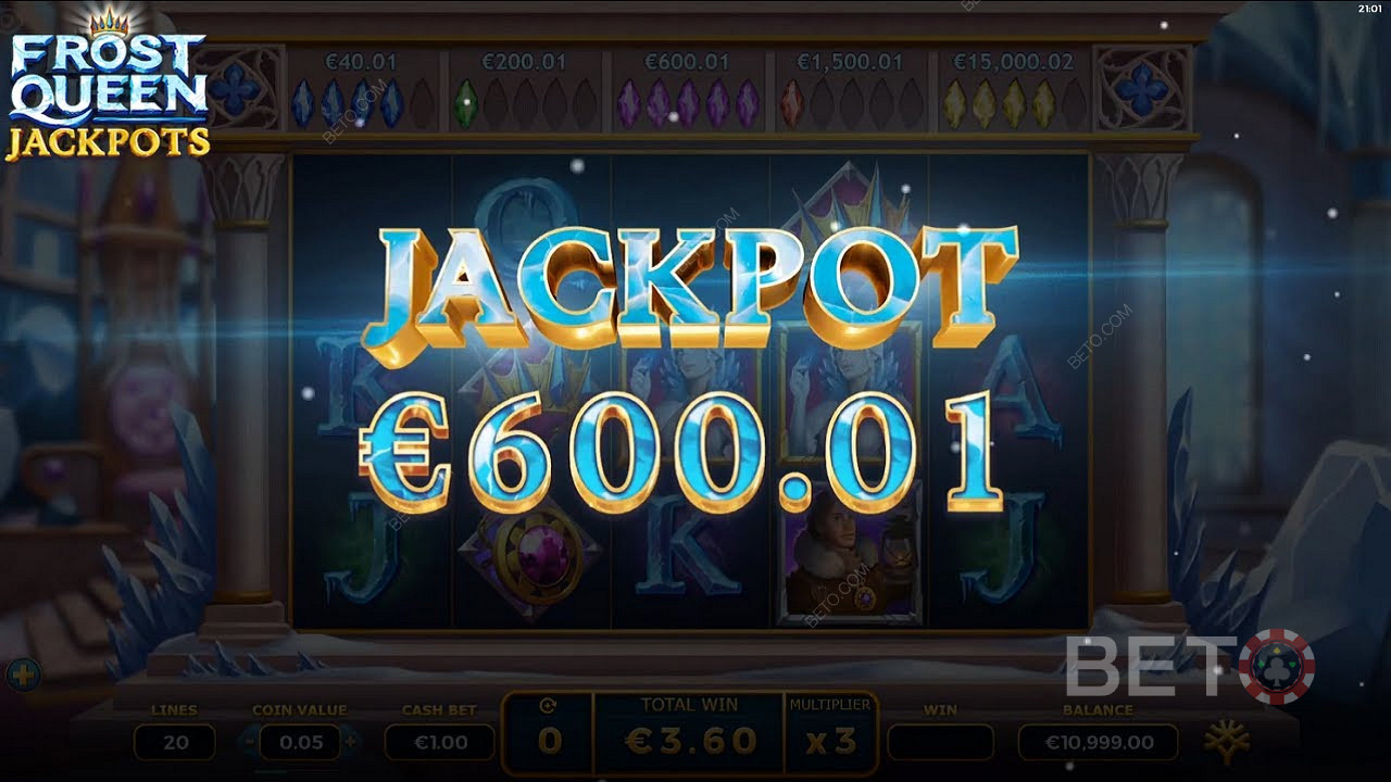 الحصول على جائزة كبرى بقيمة 600 يورو في Frost Queen Jackpots