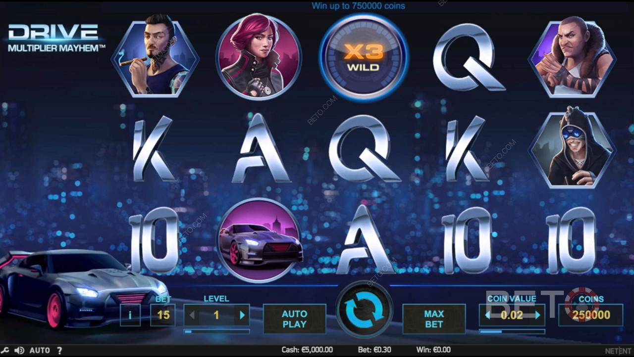 تقدم NetEnt Drive: Multiplier Mayhem مع 5 بكرات و 3 أسطر رهان.