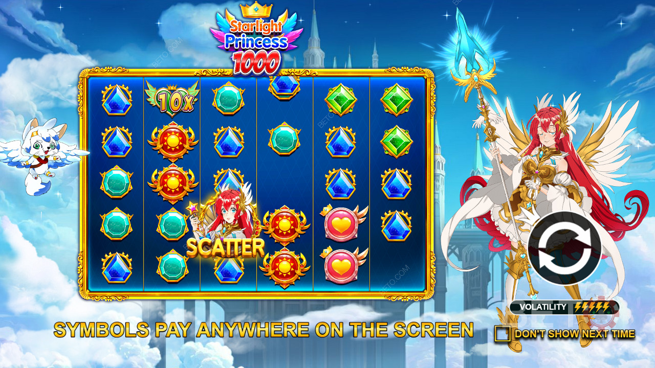احصل على 8 رموز متطابقة أو أكثر في أي مكان للفوز في فتحة Starlight Princess 1000