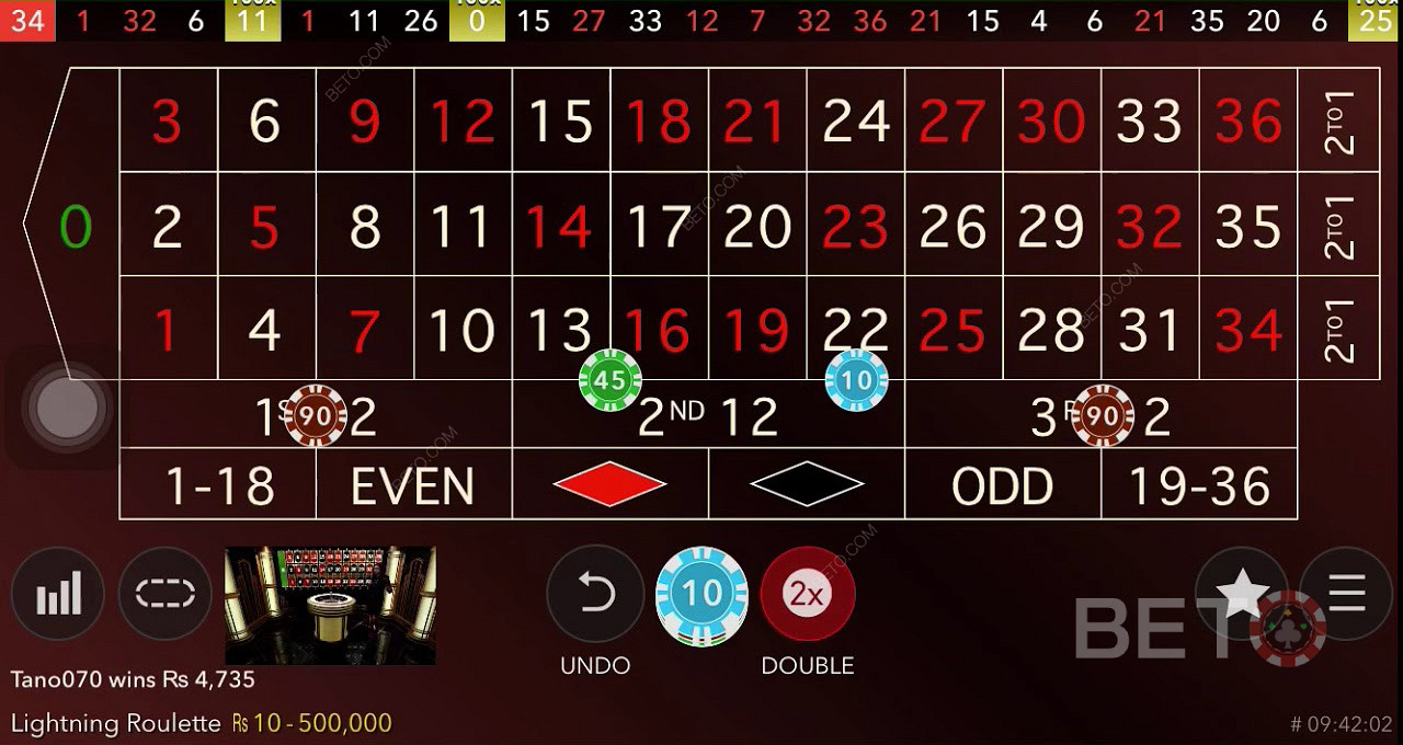 وضع رهانات على أرقام مختلفة في Lightning Roulette
