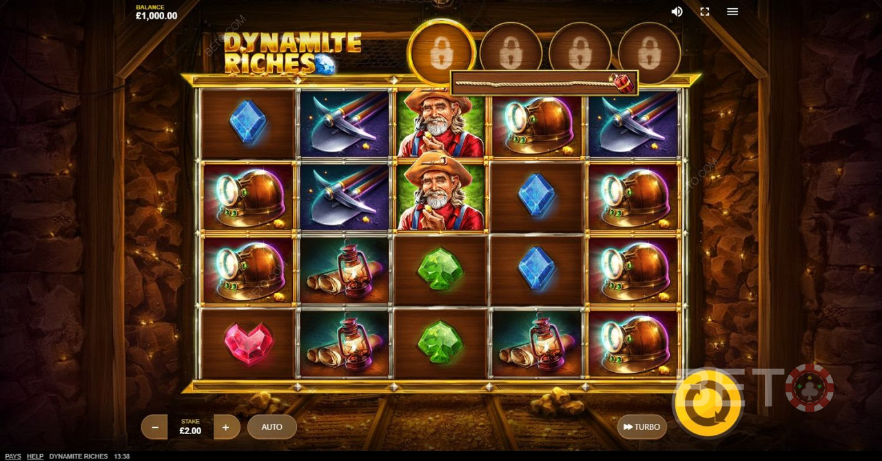 يمكنك الحصول على 15 ضعف رهانك إذا قمت بمطابقة 5 رموز على بكرات Dynamite Riches