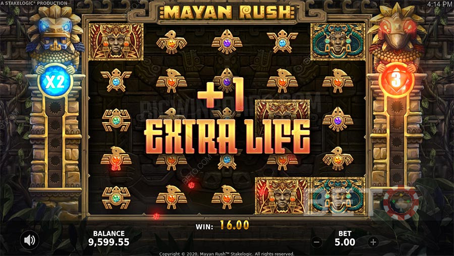 تتضمن ميزات مكافأة Mayan Rush Free Spins وميزة مضاعفة ومقامرة
