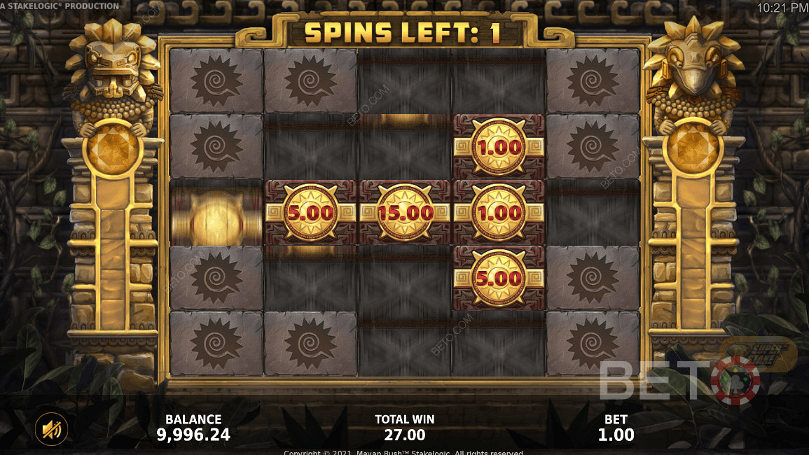 ميزة Super Stake في العمل في فتحة فيديو Mayan Rush