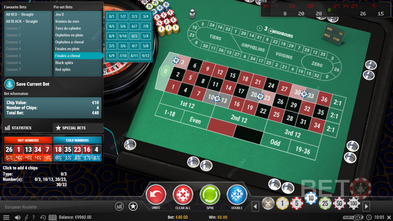 خيارات الرهان الخاصة في لعبة كازينو European Roulette Pro