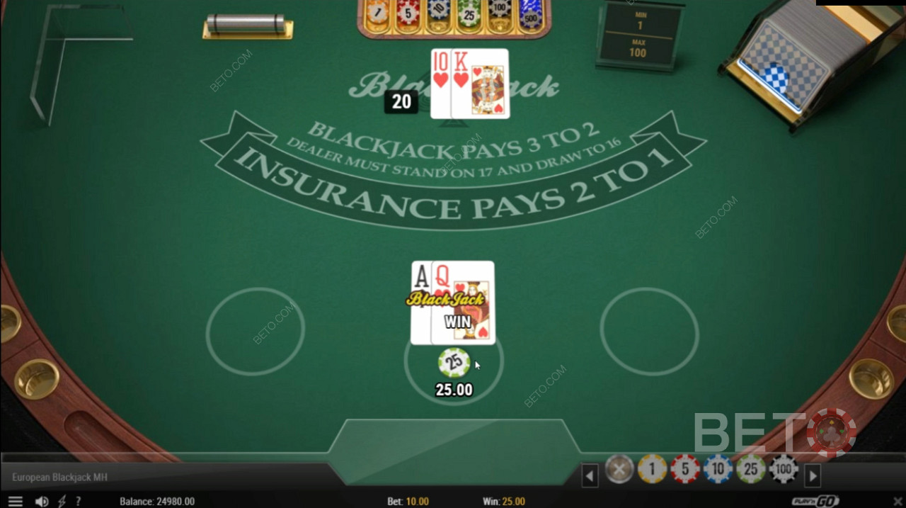 احصل على عائد بنسبة 3: 2 عندما تحصل على لعبة ورق في European Blackjack MH
