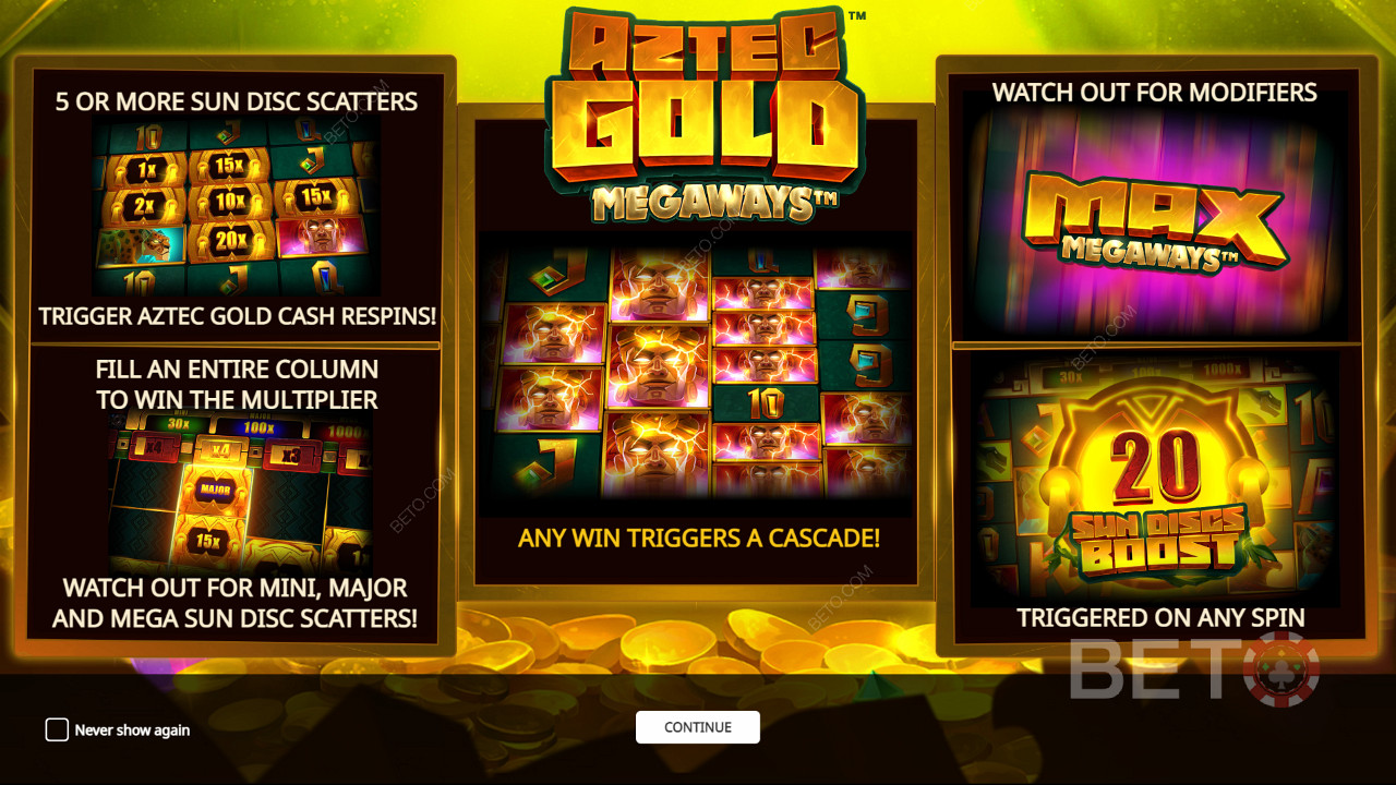 استمتع بالعديد من ميزات المكافآت القوية في ماكينة القمار Aztec Gold Megaways
