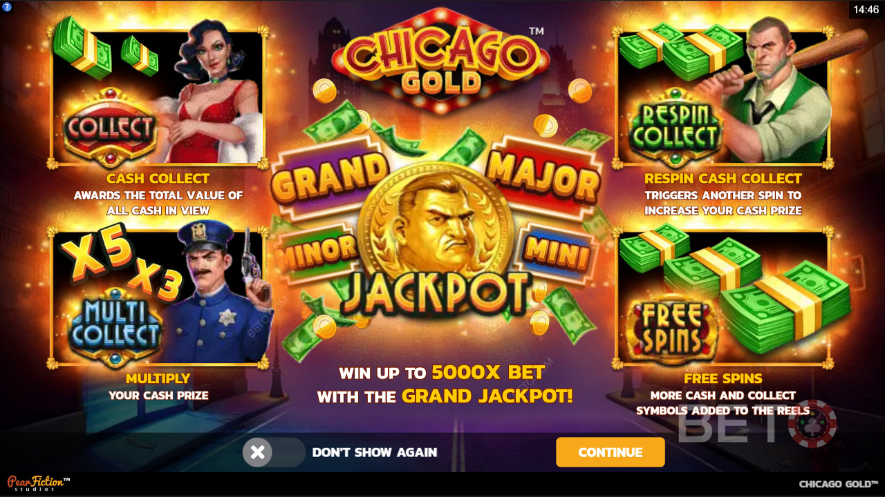 استمتع بجمع الميزات والجاكبوت واللفات المجانية في ماكينة سلوت Chicago Gold
