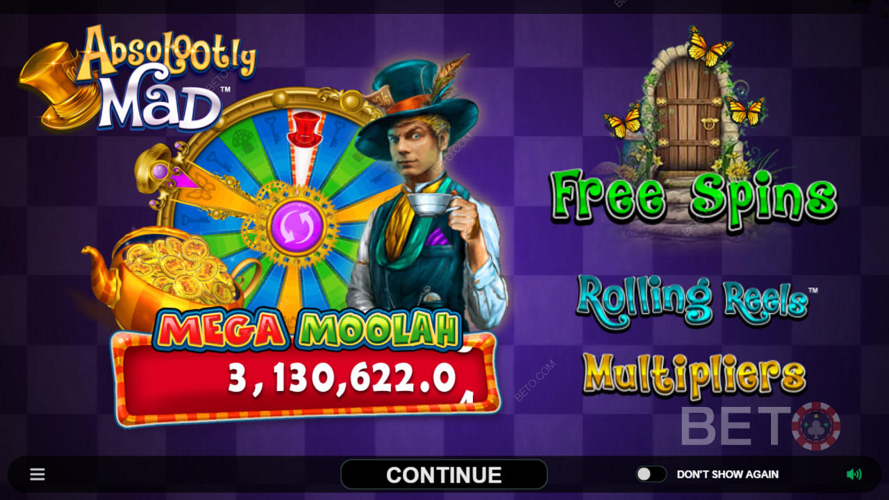 استمتع بالجوائز التقدمية وغيرها من الميزات في فتحة الفيديو Absolootly Mad: Mega Moolah
