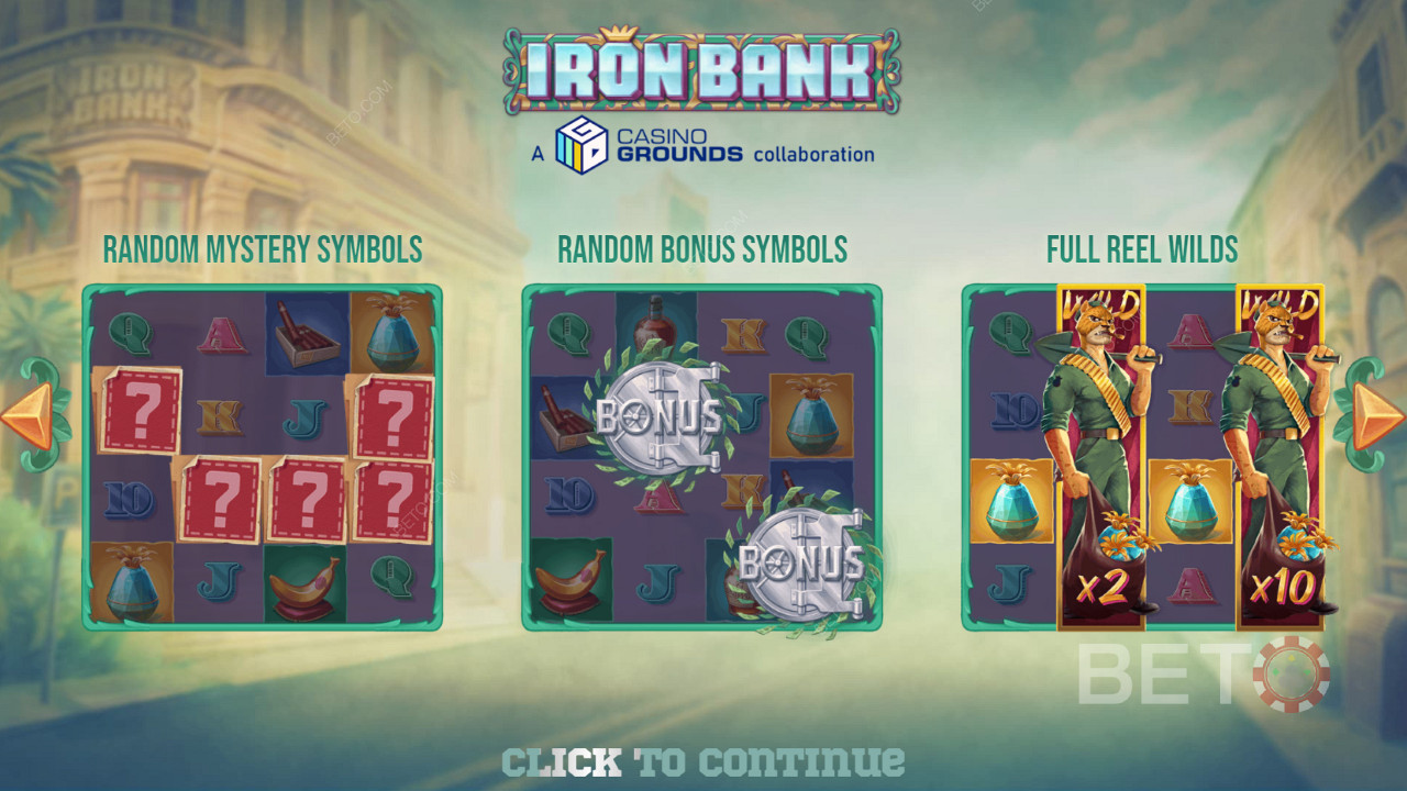استمتع بميزات قوية في الفتحة الأساسية في ماكينة فتحة Iron Bank
