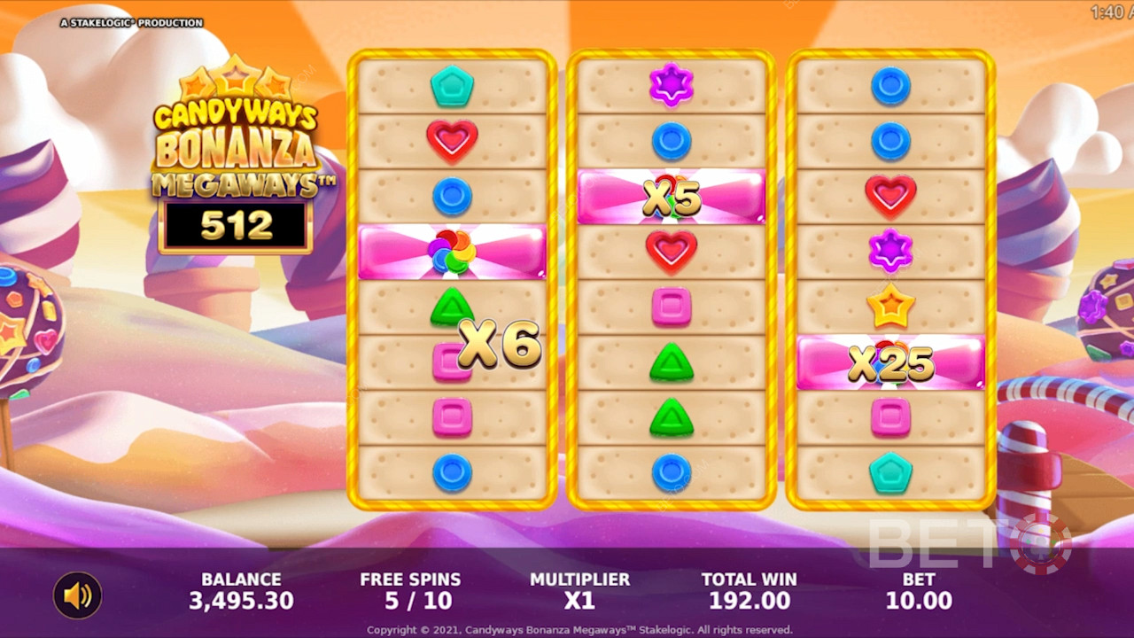 استمتع بالعديد من الميزات المجزية في فتحة Candyways Bonanza Megaways عبر الإنترنت