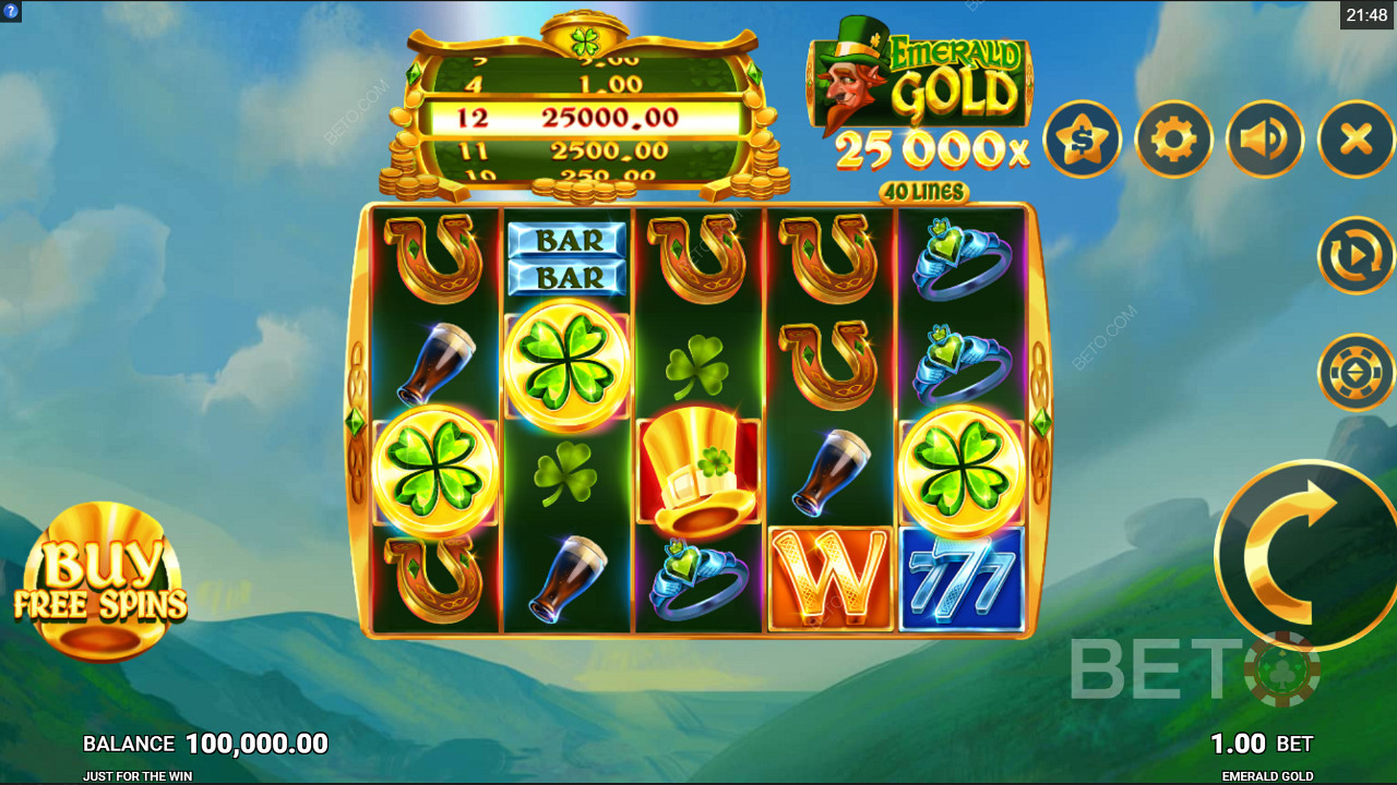 اشترِ لفات مجانية في فتحة Emerald Gold عبر الإنترنت من خلال Just For The Win
