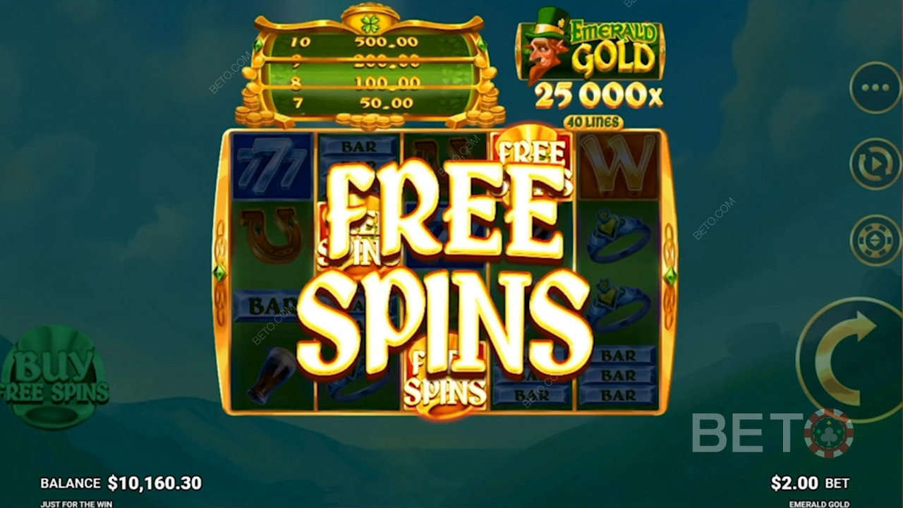 استمتع بالدورات المجانية في فتحة الفيديو Emerald Gold