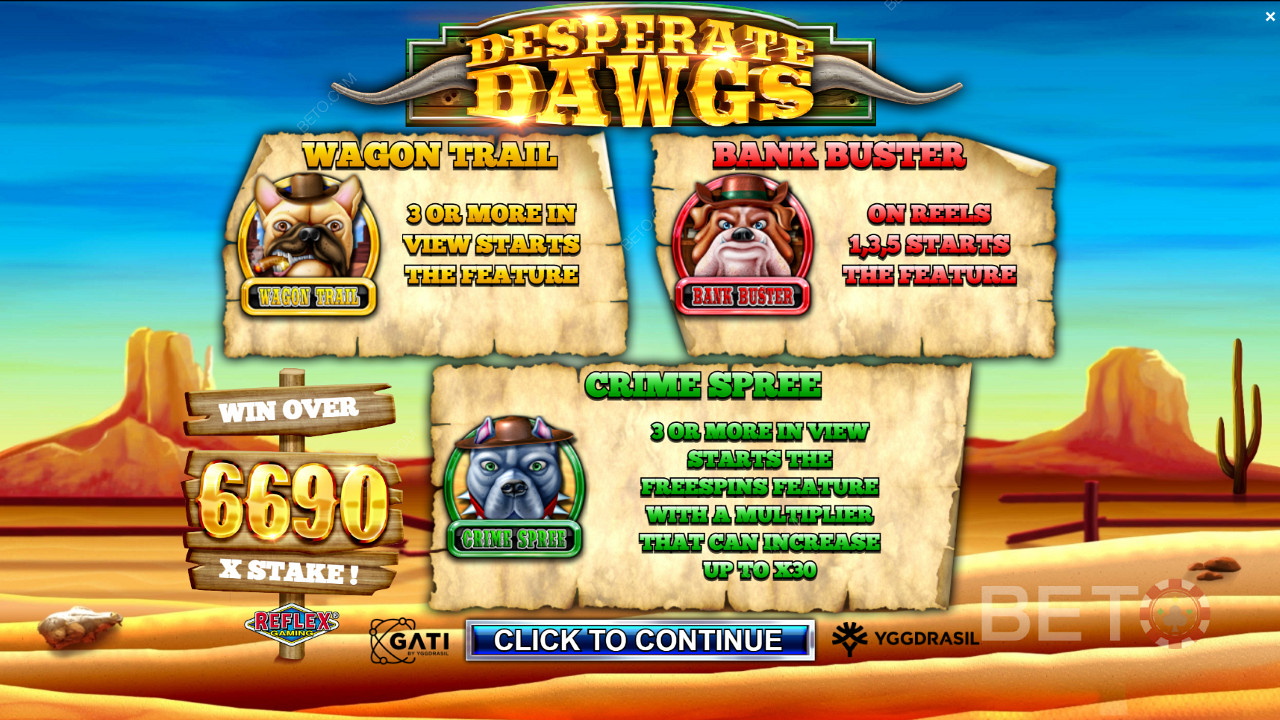 استمتع بثلاث ميزات قوية بما في ذلك Free Spins في آلة سلوت Desperate Dawgs