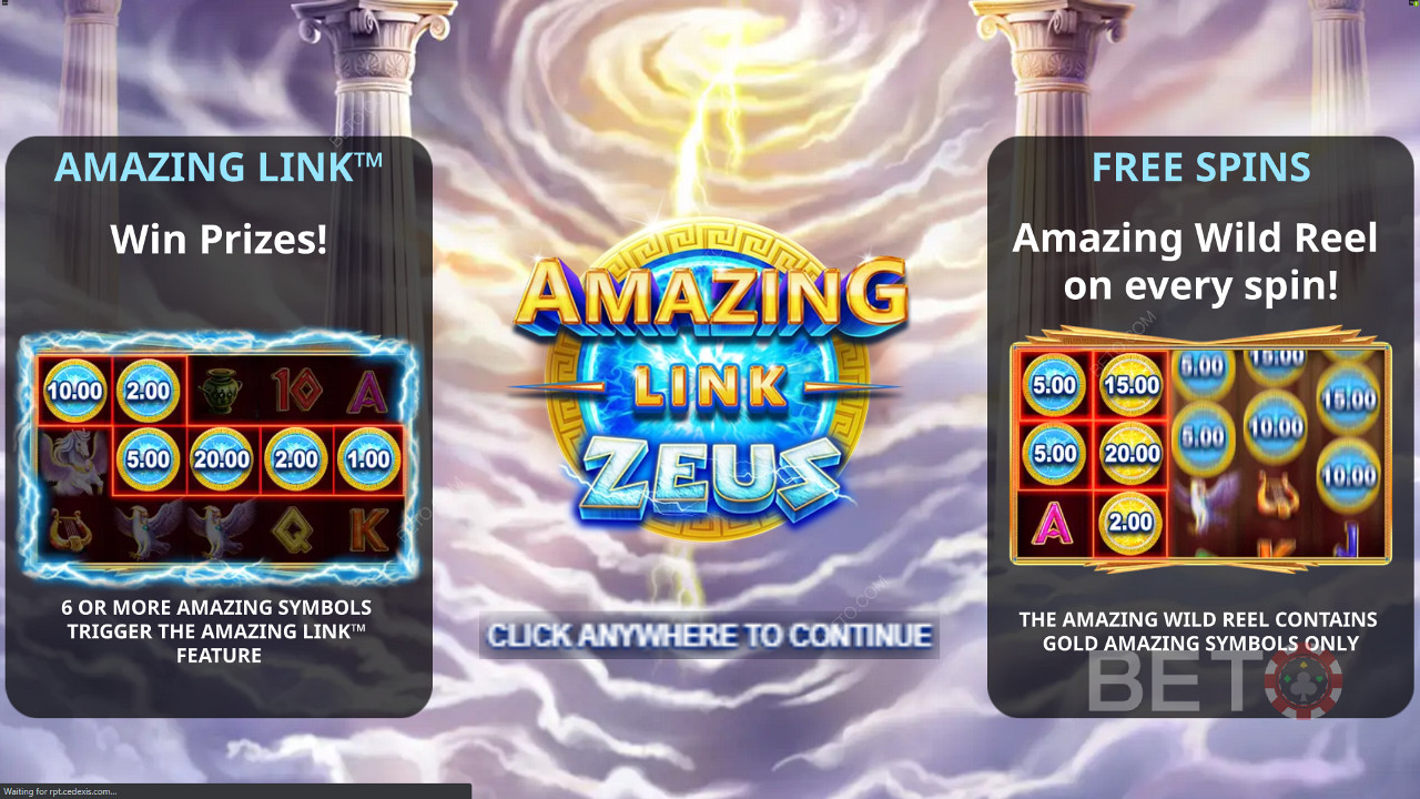 شاشة مقدمة Amazing Link Zeus تعرض مكافأة Free Spins