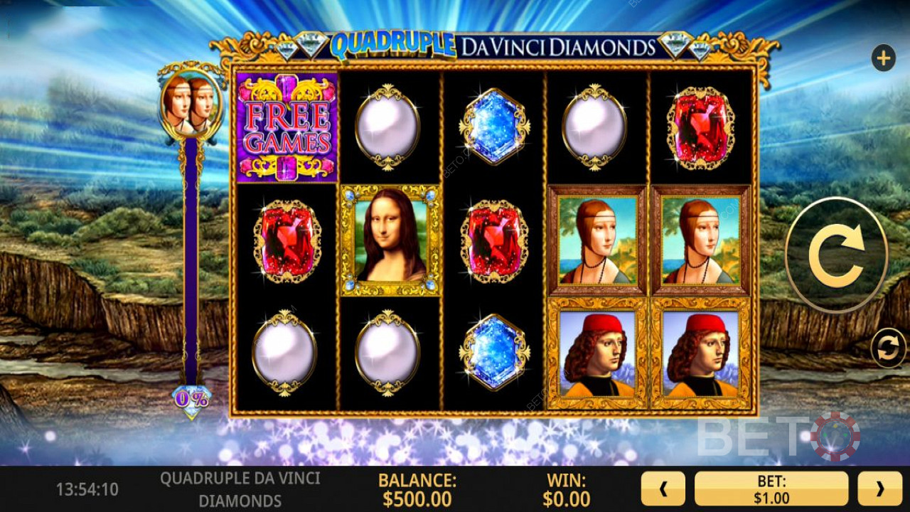استمتع بالدورات المجانية وميزة Spin Crease والمزيد في فتحة Quadruple Da Vinci Diamonds