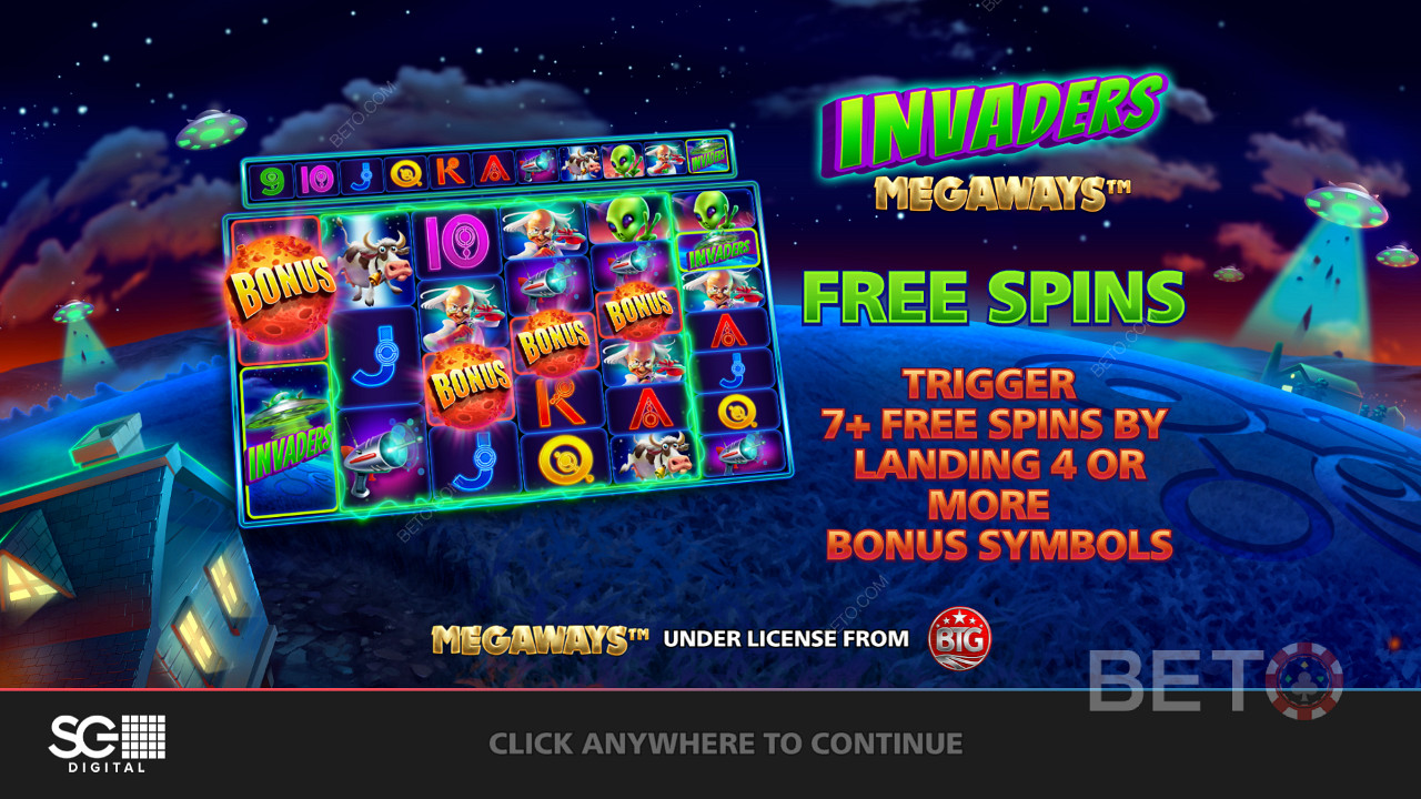 استمتع بالدورات المجانية مع المُعدِّلات والبكرات المتتالية والمزيد في فتحة Invaders Megaways