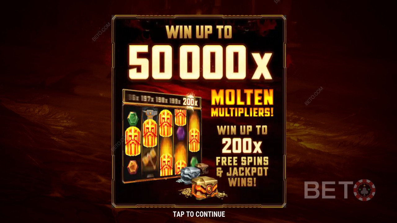 تعرض الشاشة التمهيدية لـ Fire Forge جائزة Jackpot التي تبلغ 50،000 مرة