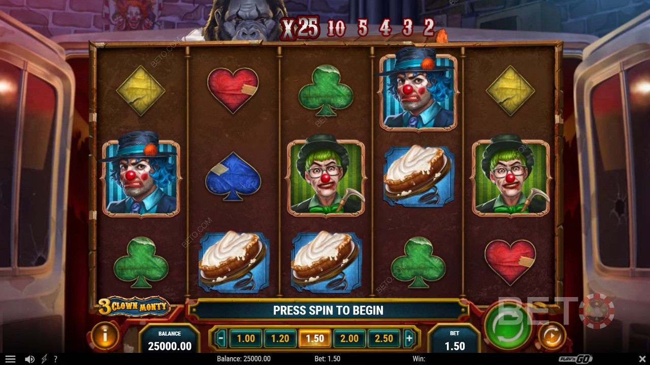 استمتع بلعب بسيط مليء بميزات المكافآت المثيرة في 3 Clown Monty