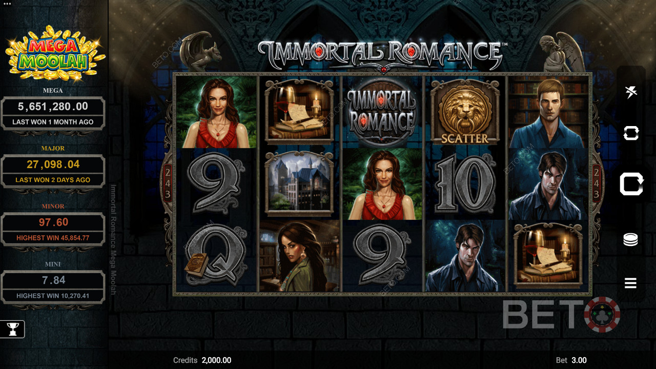 تمنحك Immortal Romance Mega Moolah من Microgaming جائزة Jackpot الصغيرة أو الثانوية أو الكبرى أو الضخمة
