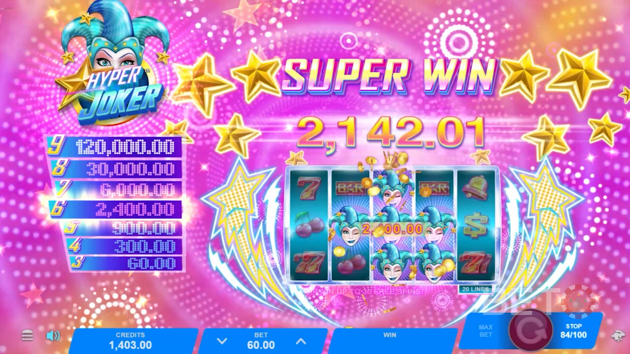 Hyper Joker هي فتحة ذات طابع رجعي تتيح لك اللعب على 5 بكرات و 20 خط دفع