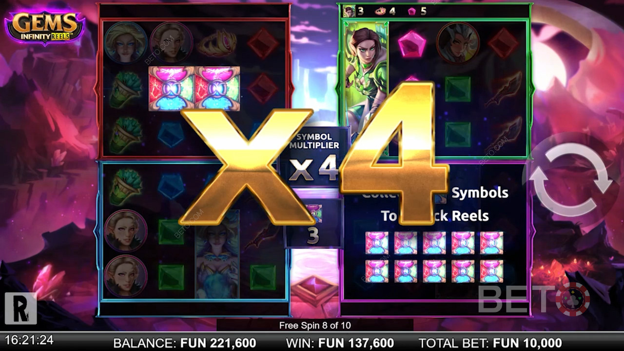 استمتع بوضع التدوير المجاني ومكافأة المنفعة في Gems Infinity Reels