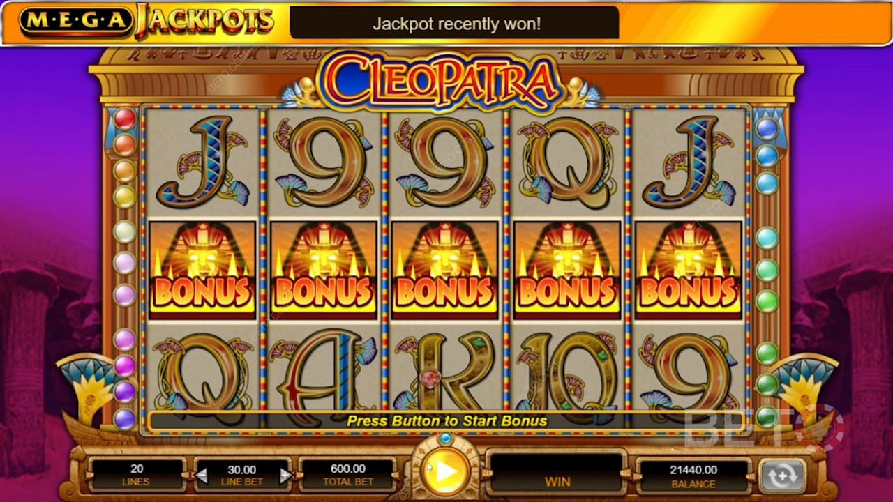تتميز MegaJackpots Cleopatra بفتحة 5 بكرات و 20 خطوط دفع