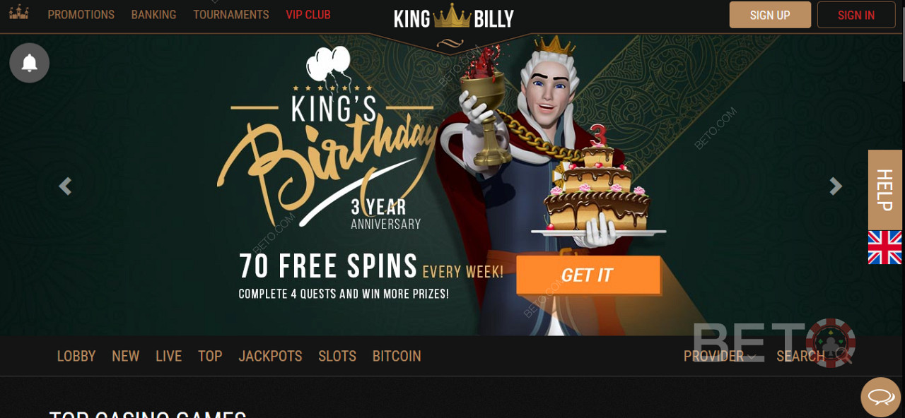 احصل على مكافآت خاصة ودورات مجانية في كازينو King Billy