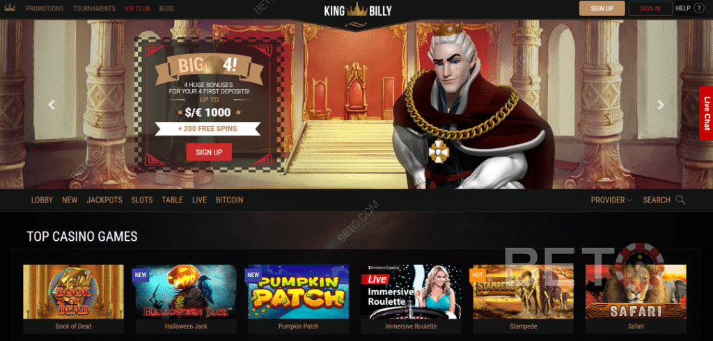 استمتع بمكافآت ترحيب مثيرة في كازينو King Billy