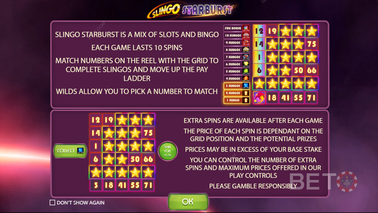 Paytable يعرض تفاصيل مختلفة عن Slingo Starburst