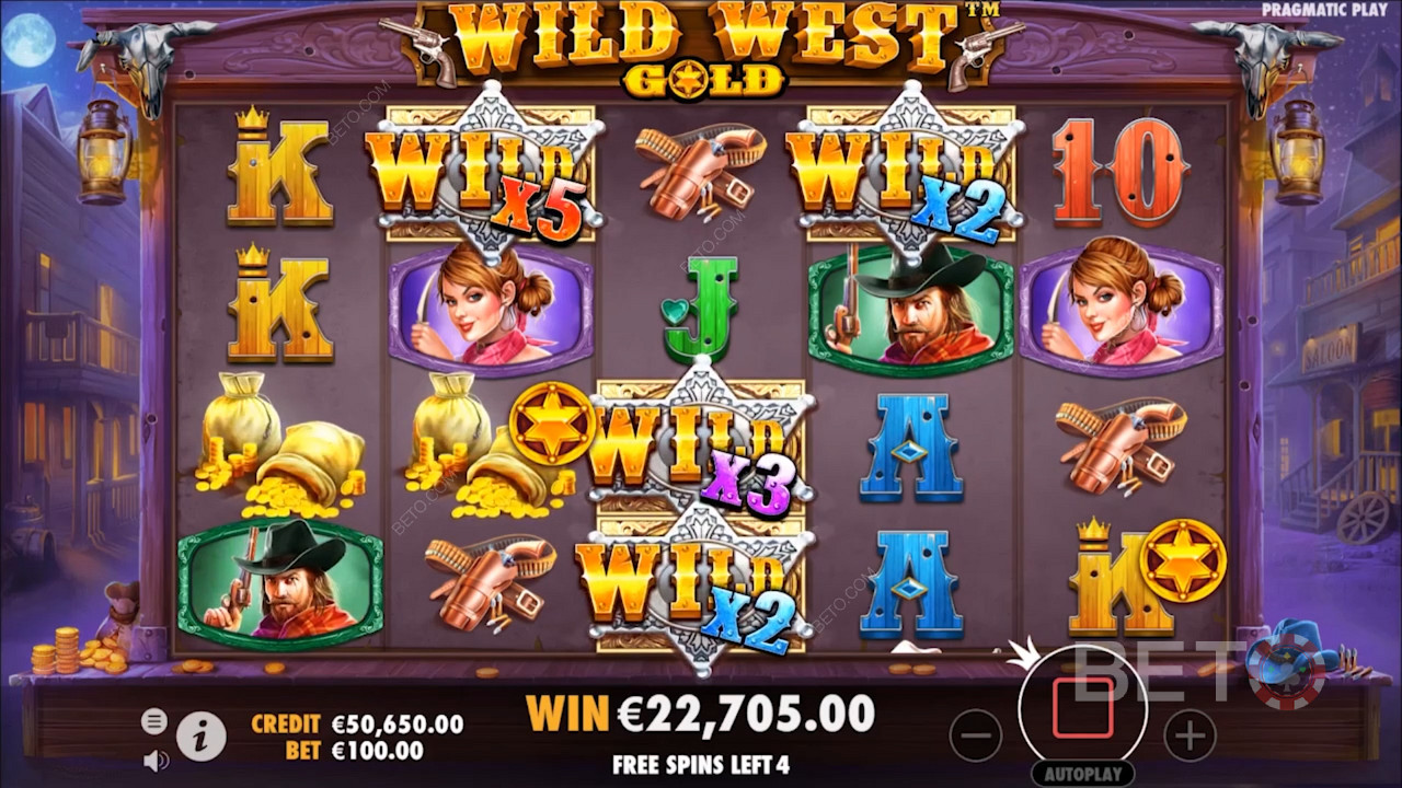 تأتي الرموز البرية في فتحة Wild West Gold مع المضاعفات