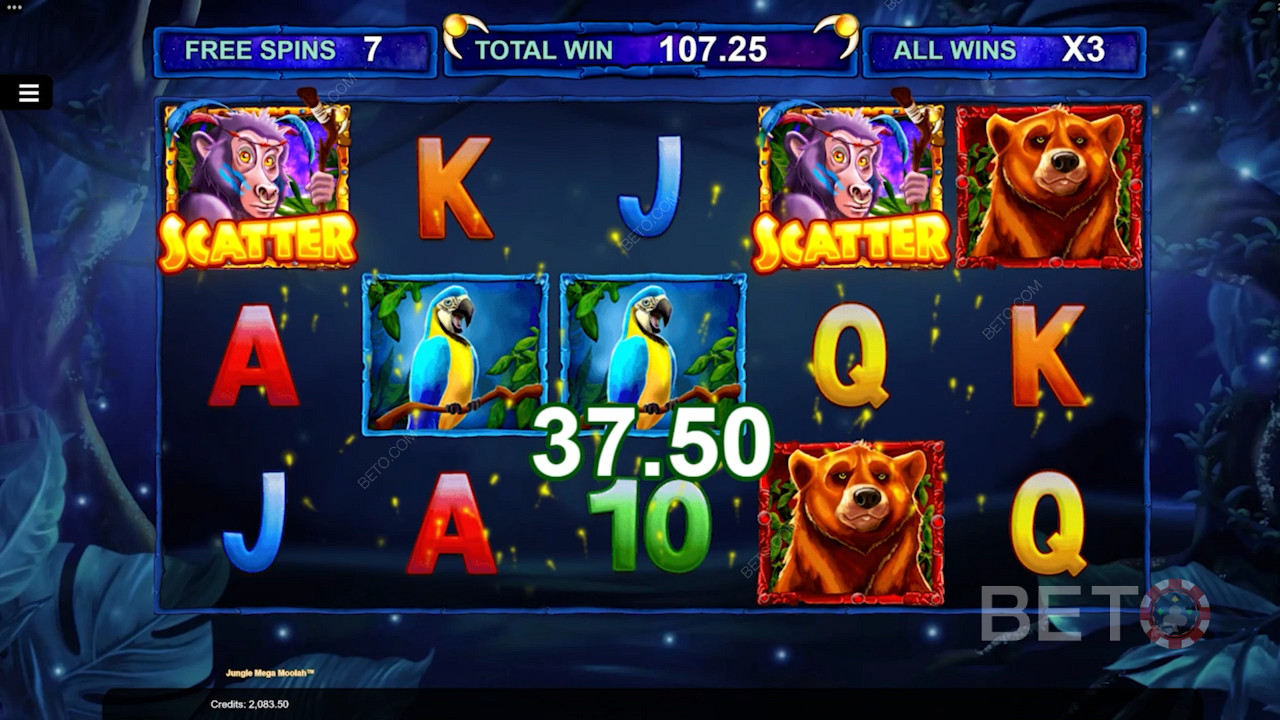 تضاعفت جميع الانتصارات ثلاث مرات خلال Free Spins في لعبة فيديو Jungle Mega Moolah