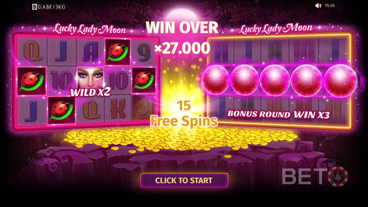 استمر في اللعب للفوز بجوائز تصل قيمتها إلى 27000 ضعف المخاطر في فتحة Lucky Lady Moon