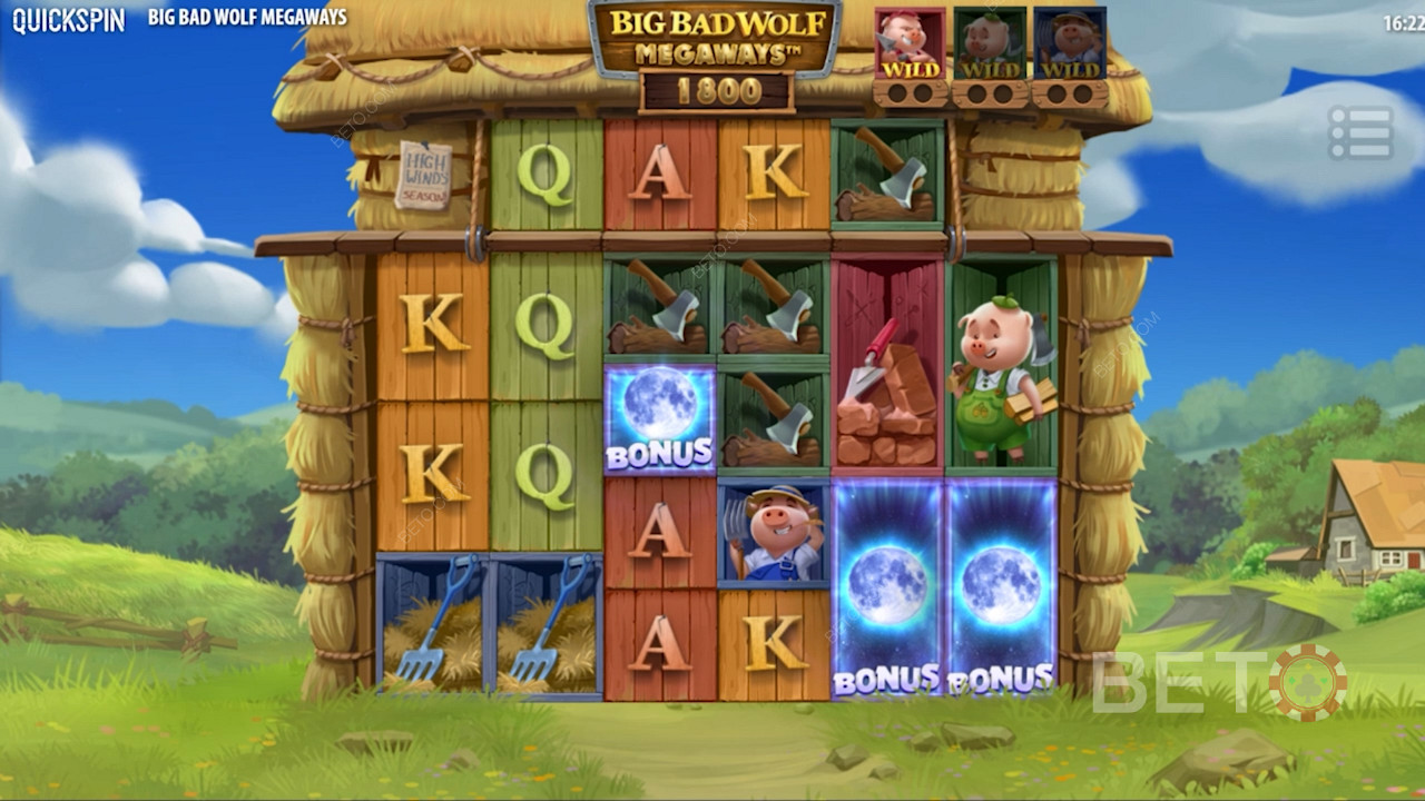 اصطدم بثلاث نقاط مبعثرة لتشغيل الدورات المجانية في فتحة Big Bad Wolf Megaways