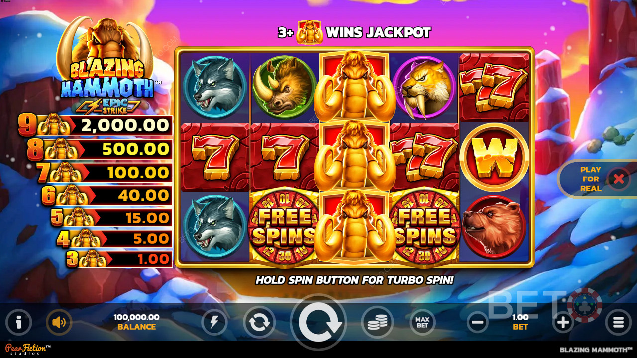 ضع 3 رموز ماموث أو أكثر في أي مكان لتحصل على مكاسب في فتحة Blazing Mammoth