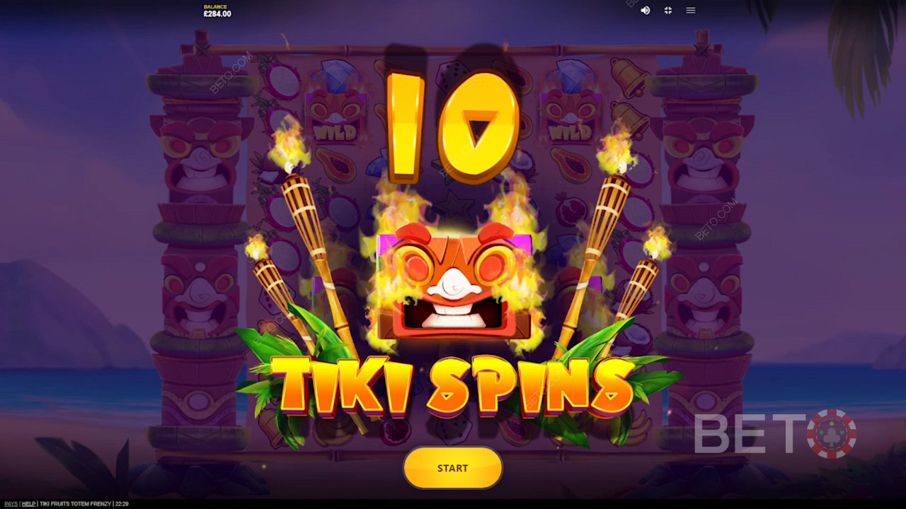 استمتع بـ 10 إلى 15 لفة مجانية في فتحة Tiki Fruits Totem Frenzy