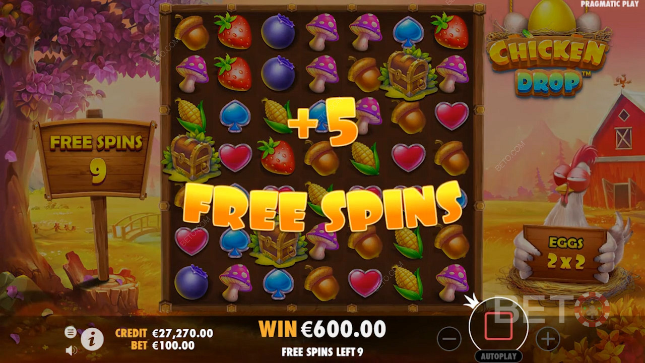 استمتع بـ 5 دورات مجانية إضافية في فتحة Chicken Drop عن طريق هبوط 4 رموز إضافية أو أكثر