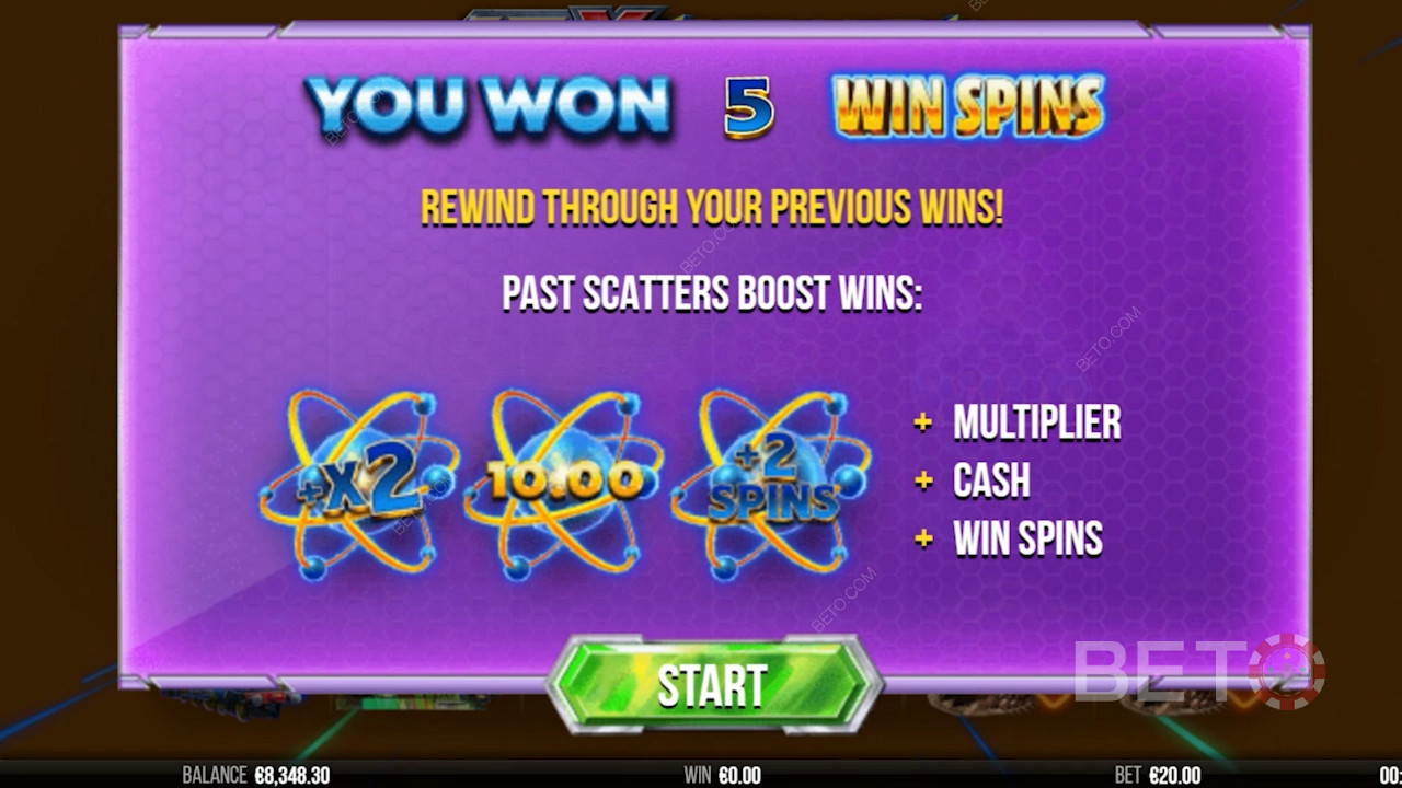 تعرض الشاشة التمهيدية 10x Rewind معلومات متعلقة بمكافأة Free Spins