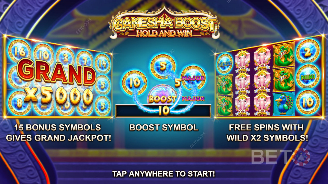 استمتع بالدورات المجانية ، وميزة التعزيز ، والرياحين في Ganesha Boost Hold and Win Slot