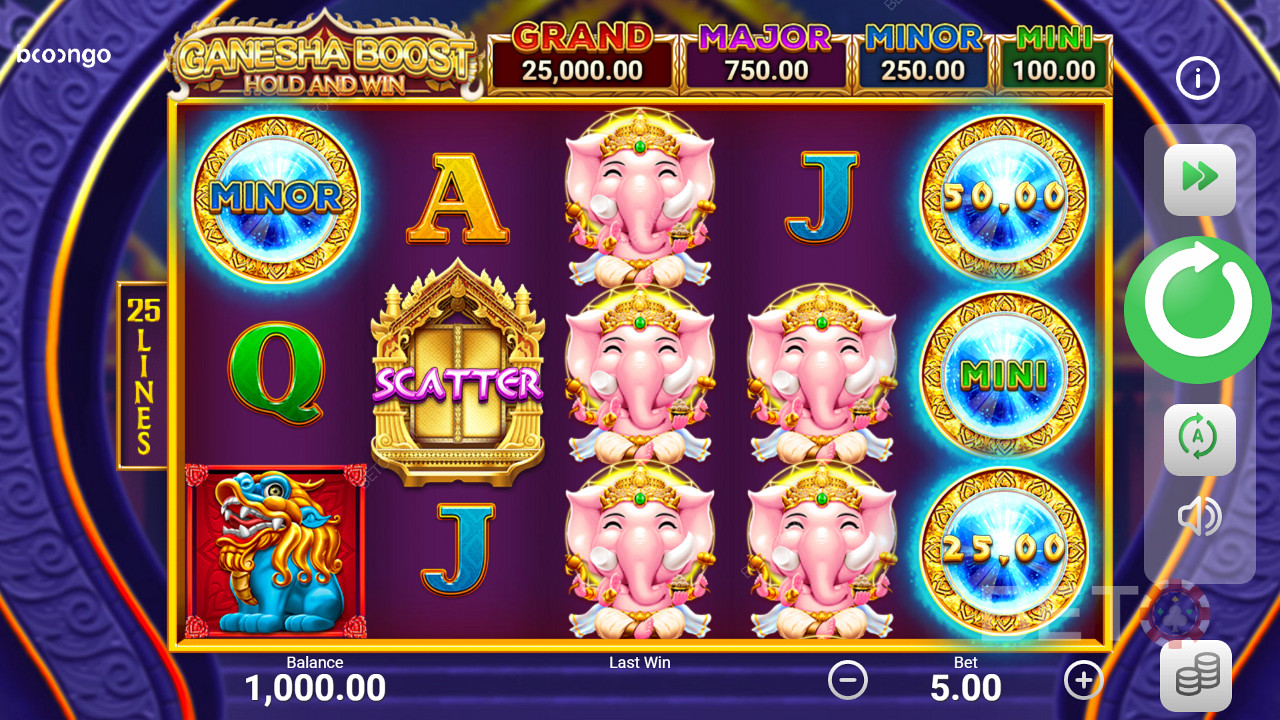 استمتع بالجوائز الكبرى عن طريق الهبوط بها في لعبة المكافآت في فتحة Ganesha Boost Hold and Win
