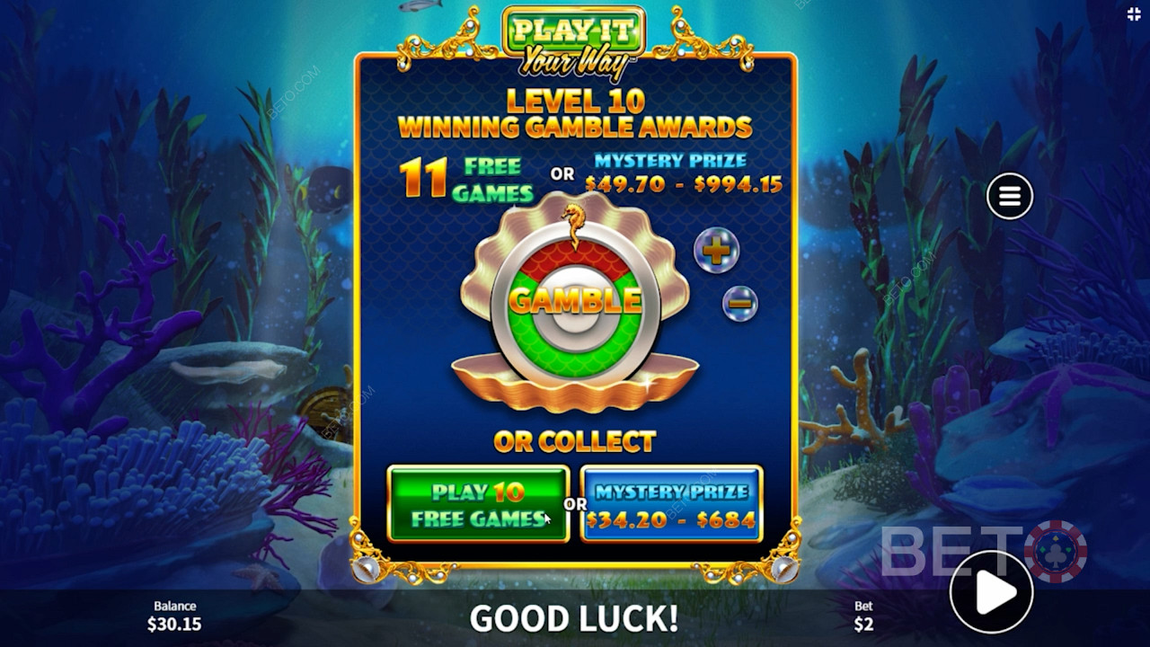 اختر من بين Free Spins أو Mystery Prize أو Gamble Feature