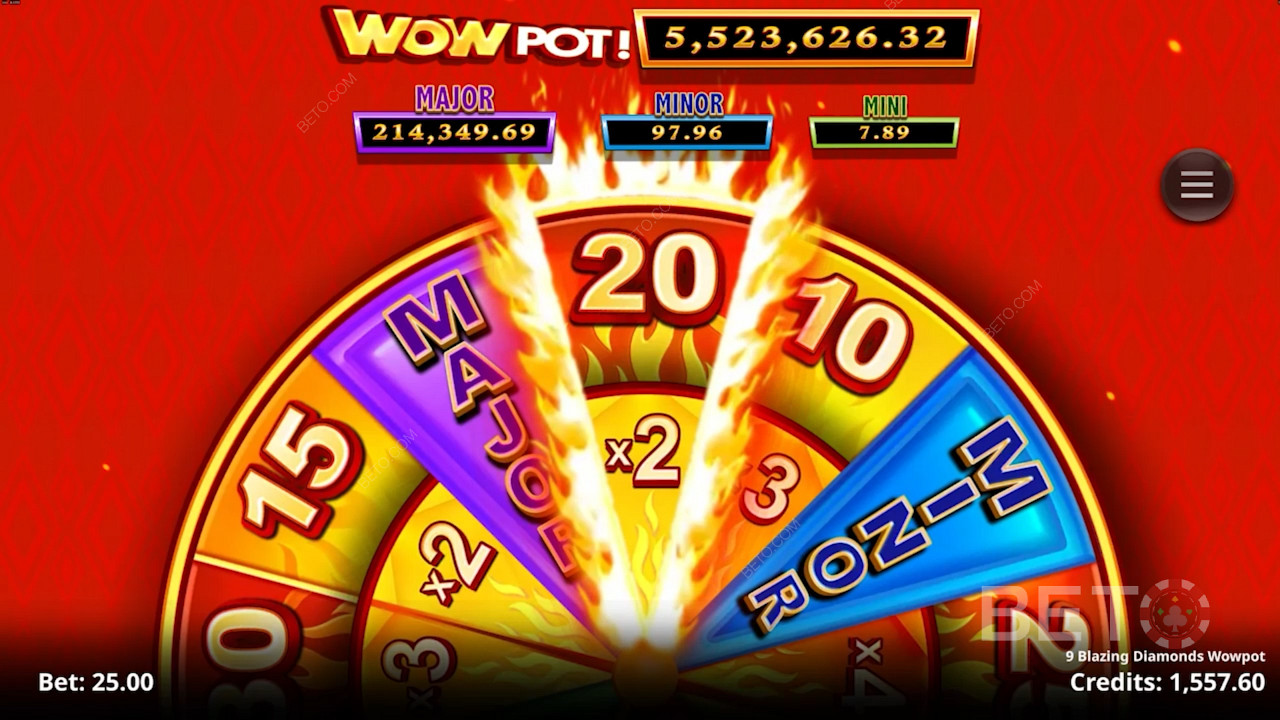 خذ لقطة لجوائز Wowpot Jackpot المجنونة في فتحة 9 Blazing Diamonds Wowpot