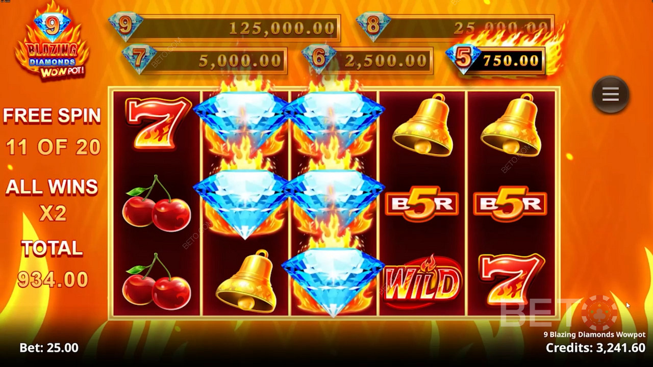 Discover مكافآت Spin المجانية المثيرة والجوائز النقدية في فتحة 9 Blazing Diamonds Wowpot